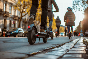 Travel in the city with an electric scooter - obrazy, fototapety, plakaty