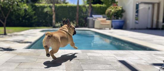French bulldog diving into the pool