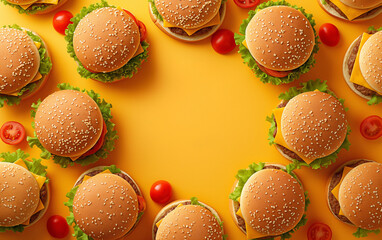 Hamburger poster design. A variety of delicious Hamburgers are placed in a circle with a variety of interesting colors
