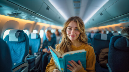 Beautiful young passenger in the airplane reading a book