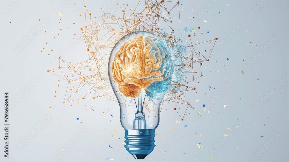 Poster brain data light bulb - a light bulb with a brain inside it, surrounded by floating data points, on 