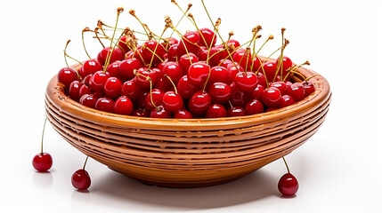Juicy Cherries Displayed Artfully in a Woven Bamboo Fruit Basket on a Clean White Surface, Perfect for Organic Food Promotions and Culinary Designs
