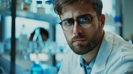 Fototapeta premium Biomedical researcher in a clinical lab, compassionate, developing new medicine, hopeful and meticulous, styled as clean-cut modernism.