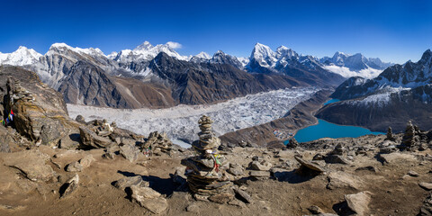 Panoramic shot of Himalayas and Khumbu glacier with Gokyo village and Ngozumba lake taken from...
