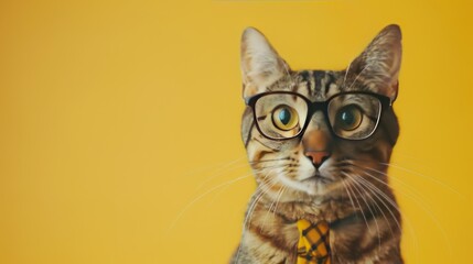 Hipster cat and light yellow backdrop