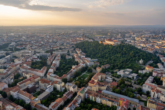 Aerial view of Brno city centre with Spilberk castle during magical sunrise 