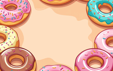 Donuts poster design. A variety of delicious Donuts are placed in a circle with a variety of interesting colors