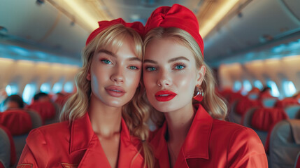 Two beautiful flight attendants smiling at the camera in the plane