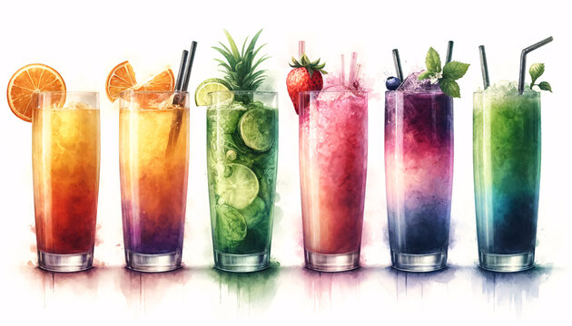 watercolor painting summer drinks in glasses