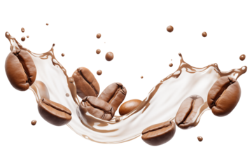 Coffee beans in milk splash isolated on transparent background.