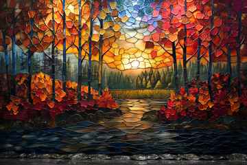  stained glass artworks depicting scenes from specific seasons, such as a springtime scene with blooming flowers and lush greenery, or an autumn scene with falling leaves and classic autumn colors  - obrazy, fototapety, plakaty