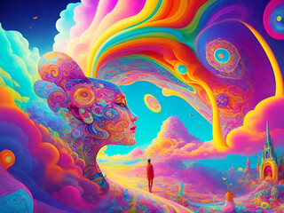 An image of a colorful dream that captures the surreal and psychedelic effects of LSD and DMT