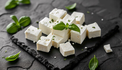 Board with pieces of tasty feta cheese and basil on black stone background - obrazy, fototapety, plakaty