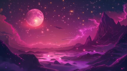 Obraz premium A full moon illuminates a rugged mountain valley landscape beneath a vast starry night sky for use in travel marketing and atmospheric editorial layouts.