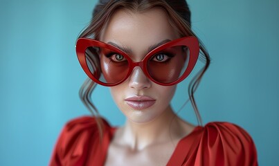 A vivacious woman in a red outfit and oversized red sunglasses