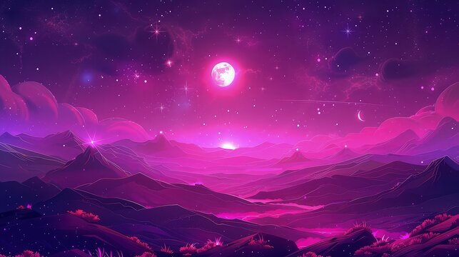 pink starry night sky with glowing moon on sky and beautiful view with pink mountains 