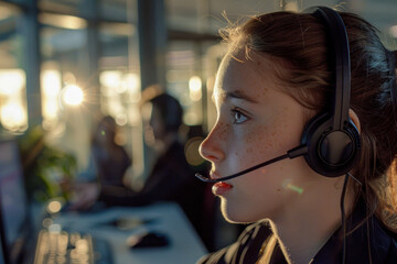Call center worker with headset and microphone