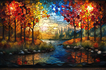  stained glass artworks depicting scenes from specific seasons, such as a springtime scene with blooming flowers and lush greenery, or an autumn scene with falling leaves and classic autumn colors  - obrazy, fototapety, plakaty