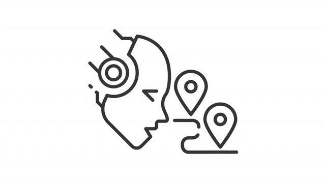 AI guides line animation. Animated robotic head and location pins icon. Artificial intelligence in travel industry. Black illustration on white background. HD video with alpha channel. Motion graphic