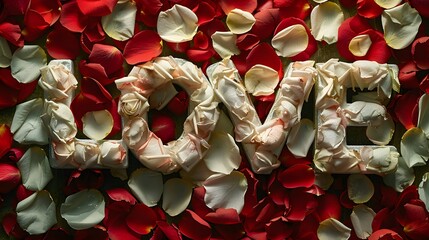  Word Love By White Rose Petals Over Red Rose Petals Background
