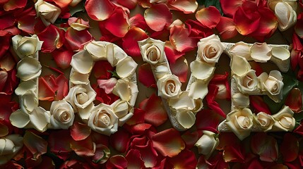  Word Love By White Rose Petals Over Red Rose Petals Background