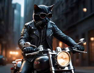A brutal cat in sunglasses and a leather jacket rides a motorcycle on a black background. Generative AI.
