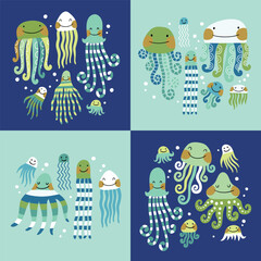 Cute sea creatures, jellyfish, squid and octopus. Hand drawn vector illustration. Perfect for card, 
tee-shirt, sticker, poster or nursery print design.

