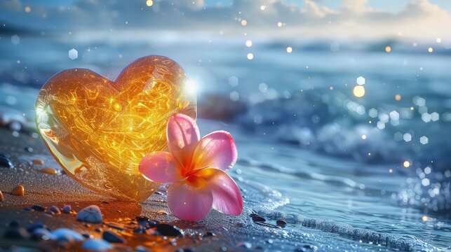 Against the backdrop of a setting sun, a single glowing heart rests delicately on the sandy beach, its soft illumination casting a warm glow 