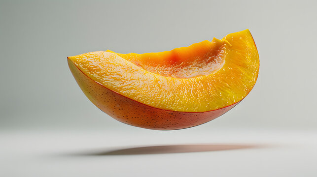 Fototapeta Fresh mango cut in half,  3d style, levitation on white background, commercial photography