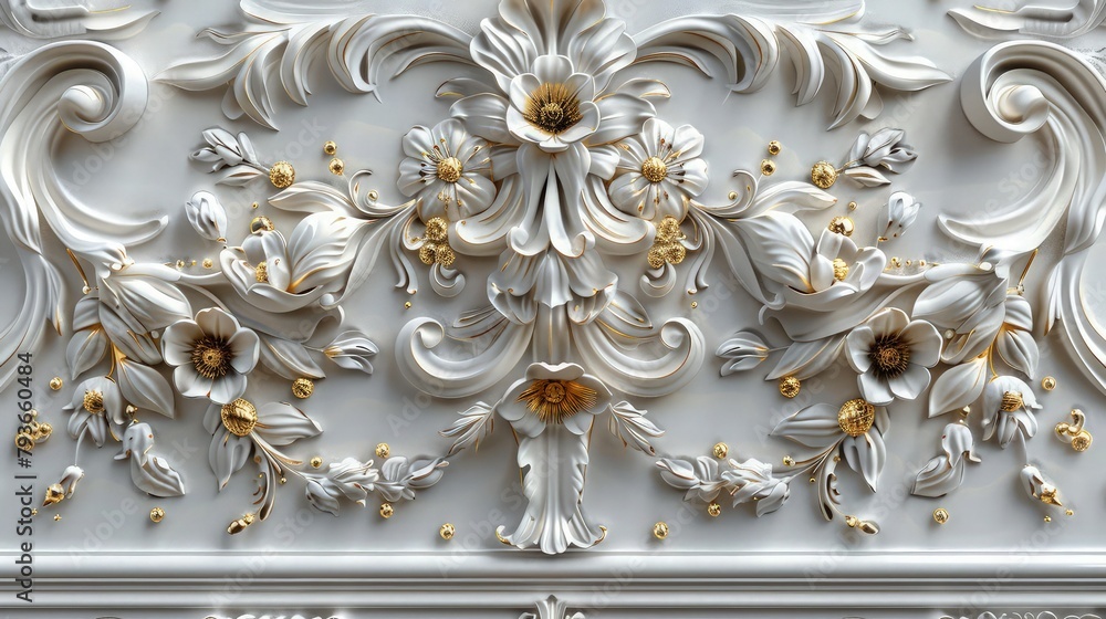 Poster a seamless golden and white flower pattern fills the entire background, with each petal and leaf int