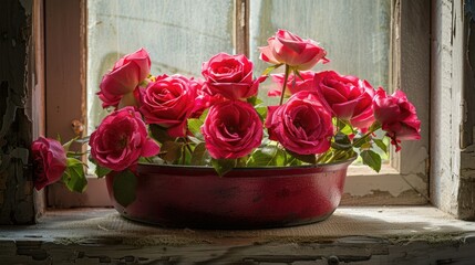 A stunning arrangement of vibrant pink roses sits elegantly in a crimson cast iron pan against a rustic gray stone backdrop bathed in natural light near the window The space is perfect for 