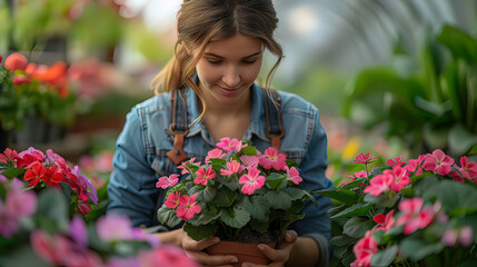 A female gardener looks after the flowers in the greenhouse. A cheerful gardener takes care of flowers.