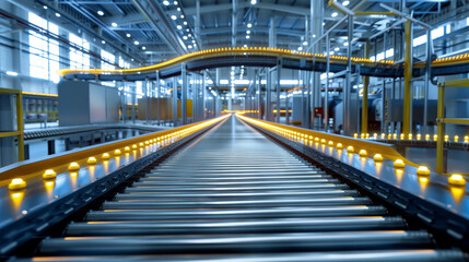 Fototapeta premium A conveyor belt system in a factory interior with a perspective view, lit by yellow lights, representing industrial automation. Generative AI