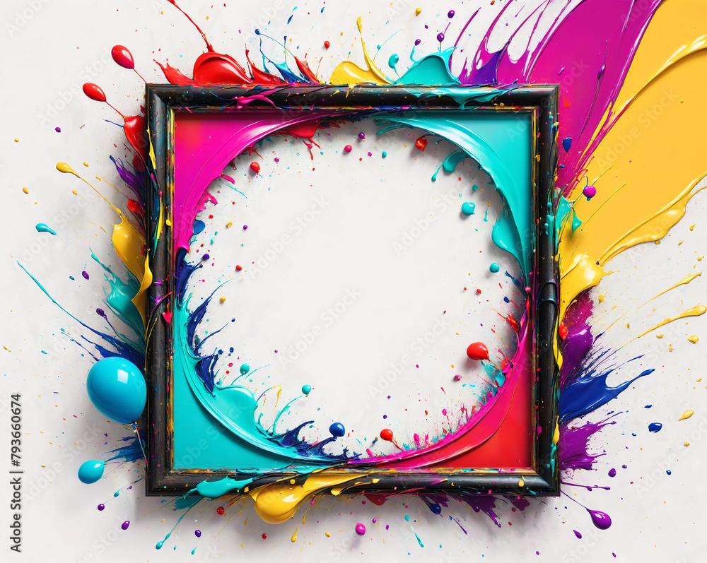 Poster white frame with splashes of paint, empty space for text. generated ai