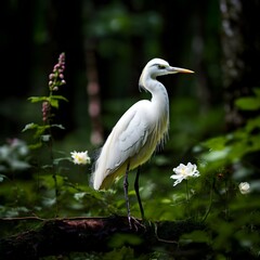 숲속 나무에 서있는 백로