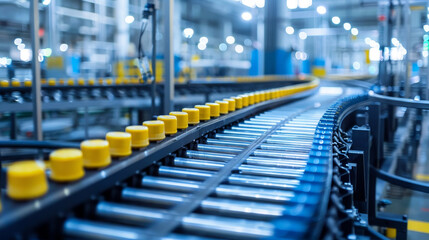 Obraz premium Yellow caps on a conveyor belt in a factory setting, with metal machinery and a blurred industrial background, illustrating automation. Generative AI