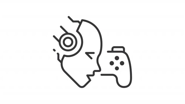 AI gaming line animation. Animated robotic head and game controller icon. Entertainment industry. AI technology. Black illustration on white background. HD video with alpha channel. Motion graphic