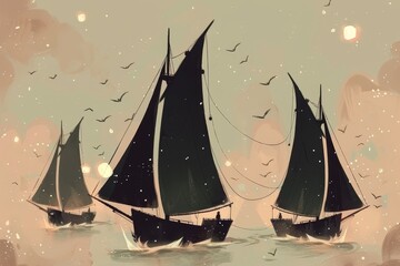 three ships with black sails are sailing in the sea