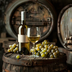 A bottle of white wine and a glass of wine stand on an old table, against the backdrop of oak barrels. A bottle and glass of white wine against a background of grapes and barrels in the cellar.