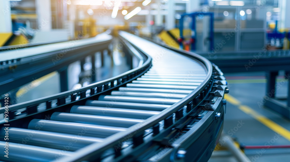 Aufkleber an empty conveyor belt curves through a modern factory setting, well-lit and with no workers visible