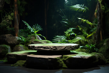 Stone platform in tropical green forest for product presentation. 3d rendering