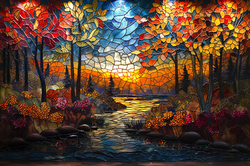 stained glass sunset in the forest