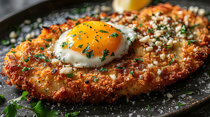 Crispy chicken steak with panko and egg in a ceramic plate.