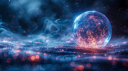 Glowing crystal ball with smoke on dark background