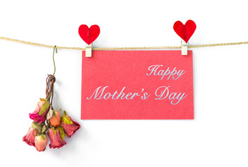 Happy Mother's day card background idea, red paper card with red heart clip and rose paper flower isolate on white background, greeting card