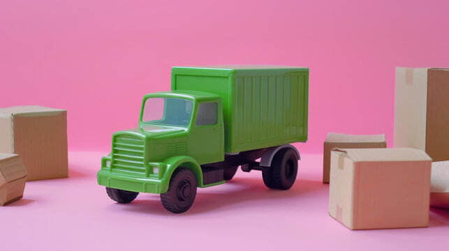 A green toy delivery truck with cardboard boxes on a pink background, cartoon style, concept of moving and fast package delivery. Generative AI