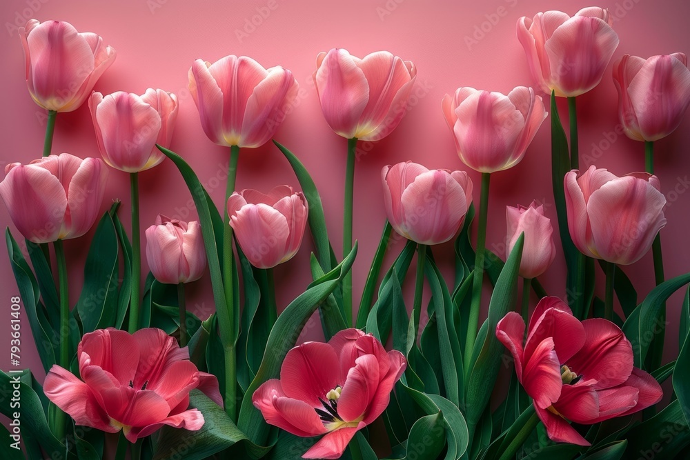 Aufkleber empty frame surrounded by pink tulips from above generative ai