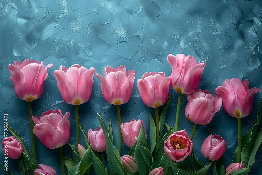 Poster empty frame surrounded by pink tulips from above generative ai