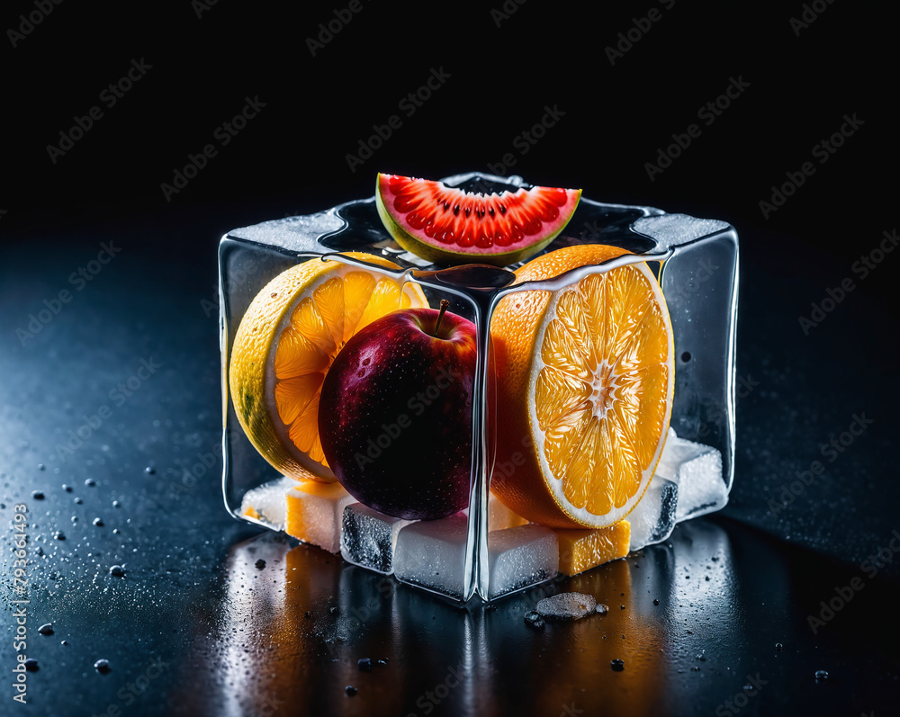 Poster ice cube with fruits frozen in it on a dark background. generated ai