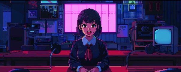 Digital pixel art of a Japanese game show, girl contestant excitedly answering questions - obrazy, fototapety, plakaty
